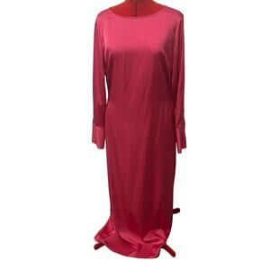 NWT H&M Hot Pink Satin Like Backless Long Sleeve Maxi Party Cerise Dress Size M